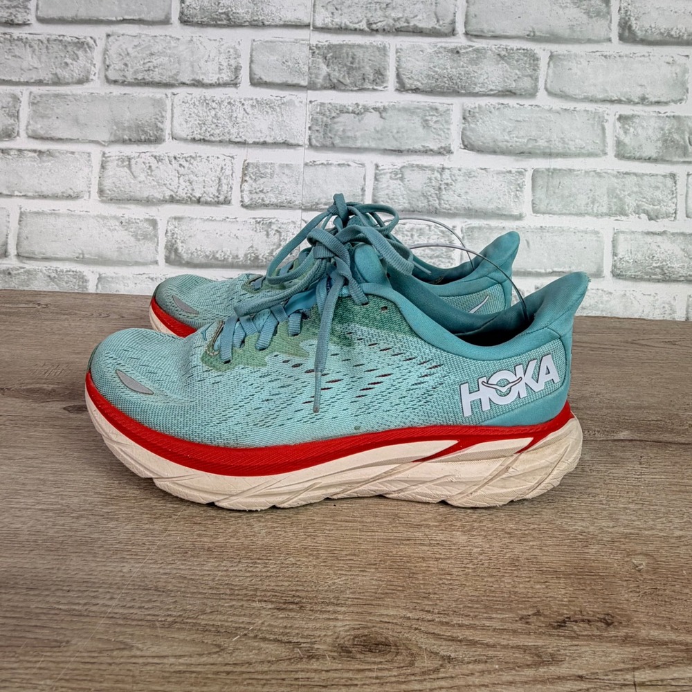 Hoka Clifton 8 Running Shoes Aqua Blue Red Womens 7.5